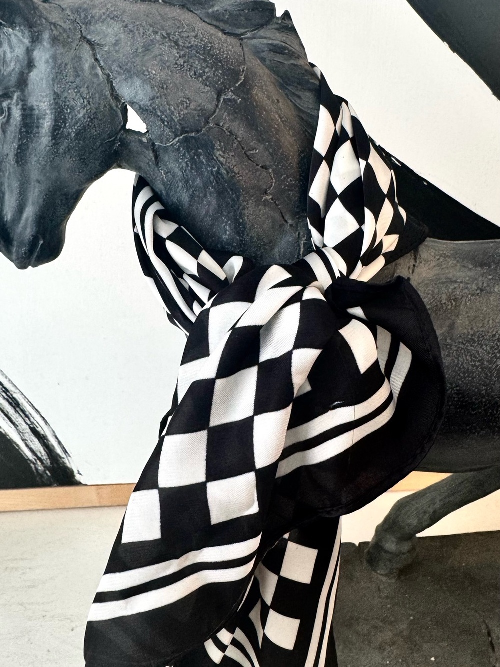 Black and White Checkerboard Silky Scarf - Picture 3 of 8